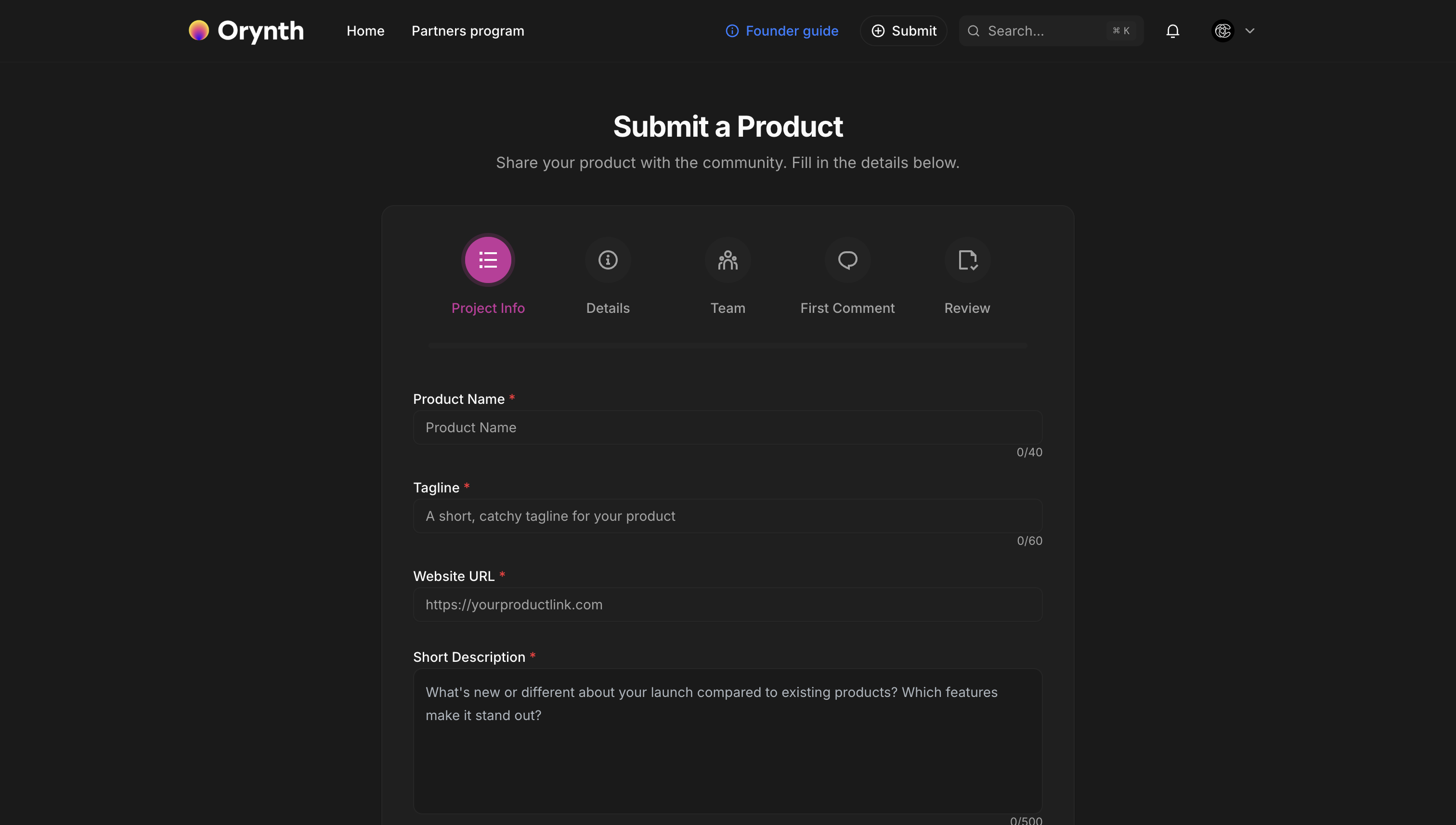 Orynthのプロダクト登録画面